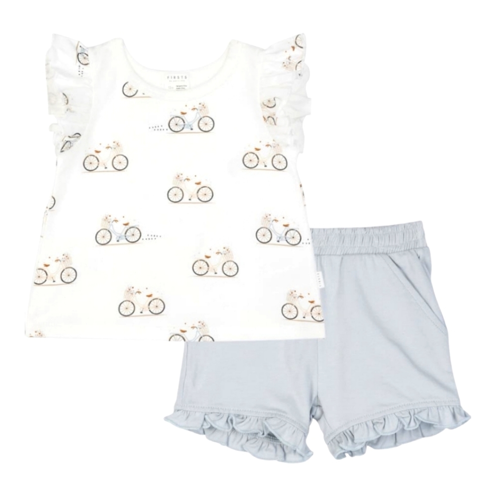 Petit Lem Bicycle Print Top & Ruffle Shorts Set| Size 6M